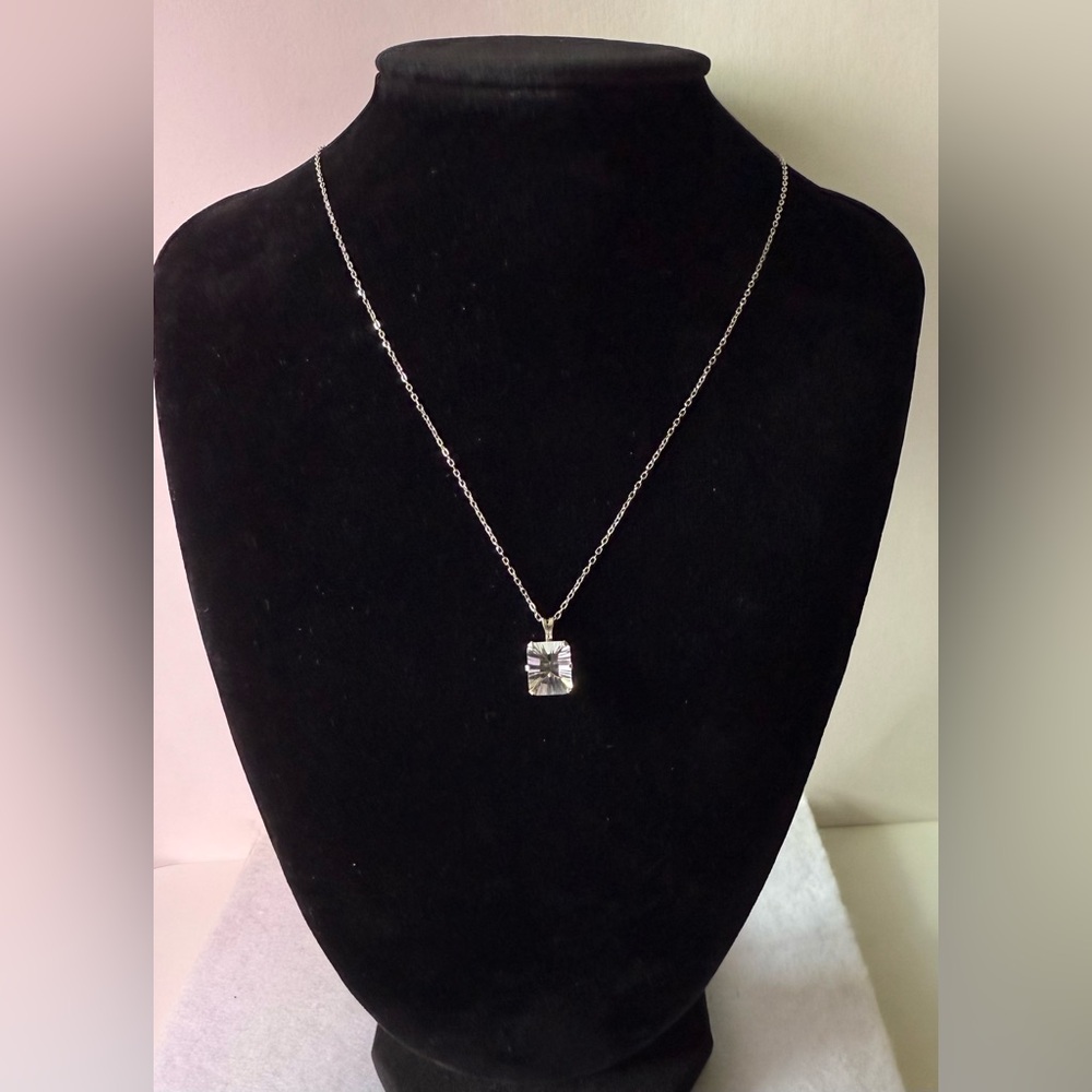 925 Italy Sterling Silver Necklace with White Emerald Cut Topaz Pendant